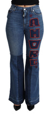 بنطلون Dolce &amp; Gabbana Blue Amore Patch Bootcut Cotton Stretch