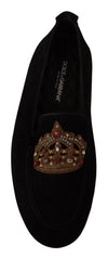 Dolce & Gabbana Black Leather Crystal Gold Crown Loafers Shoes