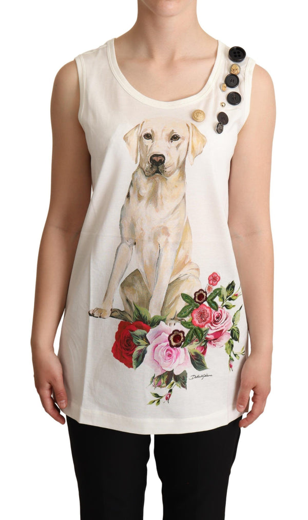 Dolce & Gabbana White Dog Floral Print EmbellishedT-shirt
