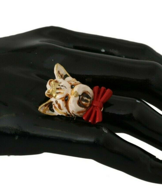 Dolce & Gabbana Gold Brass Resin Beige Dog Pet Branded Accessory Ring