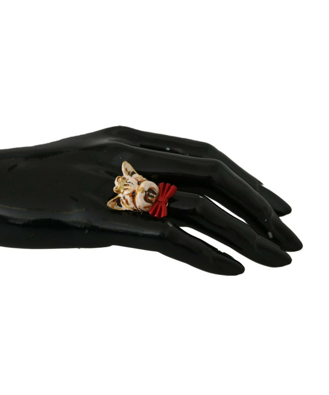 Dolce & Gabbana Gold Brass Resin Beige Dog Pet Branded Accessory Ring