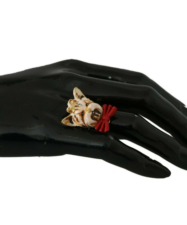 Dolce & Gabbana Beige Dog Pet Branded Accessory Gold Brass Resin Ring