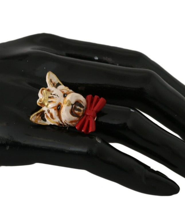 Dolce & Gabbana Beige Dog Pet Branded Accessory Gold Brass Resin Ring