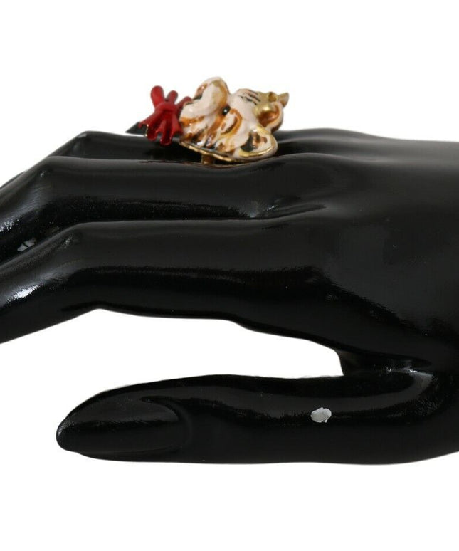 Dolce & Gabbana Beige Dog Pet Branded Accessory Gold Brass Resin Ring
