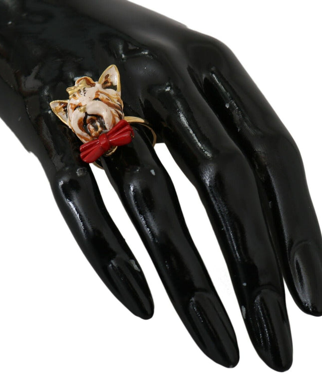 Dolce & Gabbana Beige Dog Pet Branded Accessory Gold Brass Resin Ring