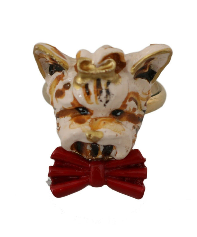 Dolce & Gabbana Beige Dog Pet Branded Accessory Gold Brass Resin Ring