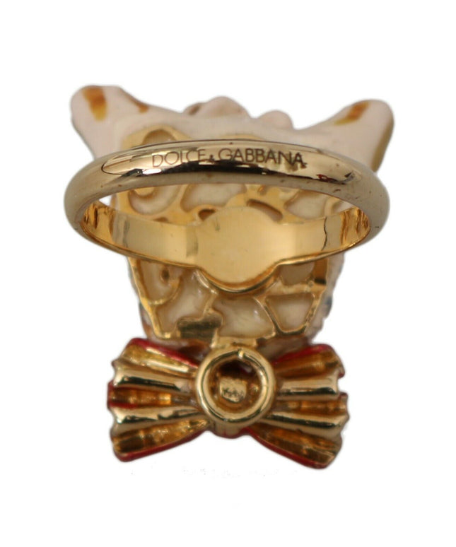 Dolce & Gabbana Beige Dog Pet Branded Accessory Gold Brass Resin Ring