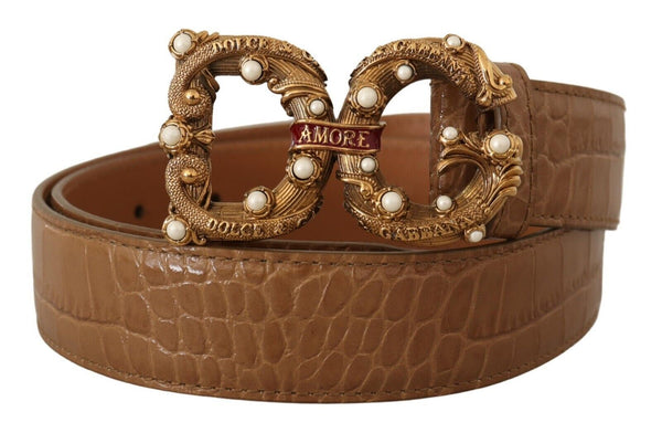 Dolce & Gabbana Brown Crocodile Pattern Leather Logo AmoreBelt