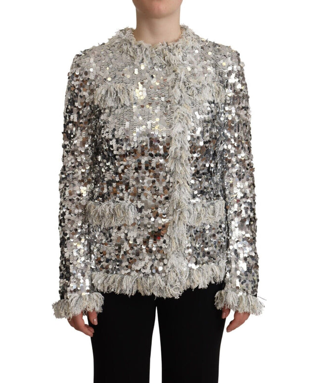 Dolce & Gabbana Silver Sequined Shearling Long Sleeves Jacket