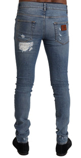 Dolce & Gabbana Light Blue Tattered Cotton Denim Skinny Jeans