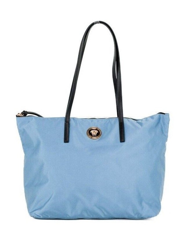 Versace Portuna Medusa Medium Cornflower Blue Nylon Leather Tote Bag Purse