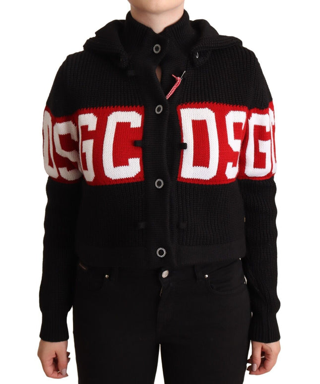 GCDS Black Cashmere Hooded Button Down Logo Cardigan Jacket