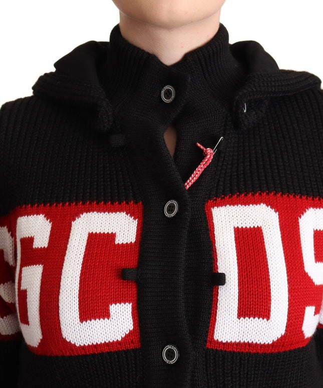 GCDS Black Cashmere Hooded Button Down Logo Cardigan Jacket