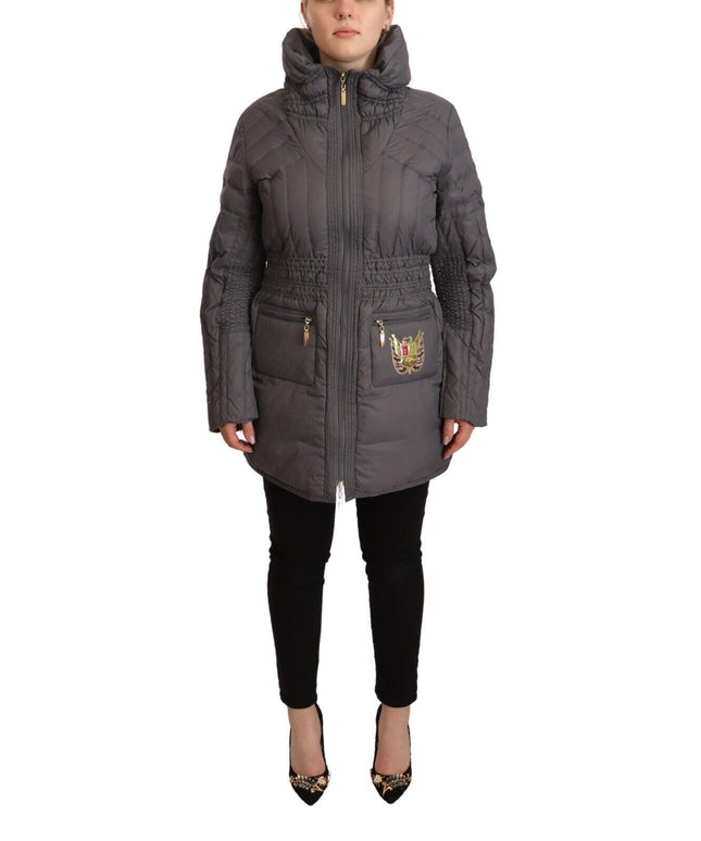 Roccobarocco Gray Quilted Long Sleeves Logo Patch Full Zip Jacket