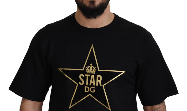 تي شيرت Dolce &amp; Gabbana أسود ذهبي STAR Crown DG قطني بياقة دائرية