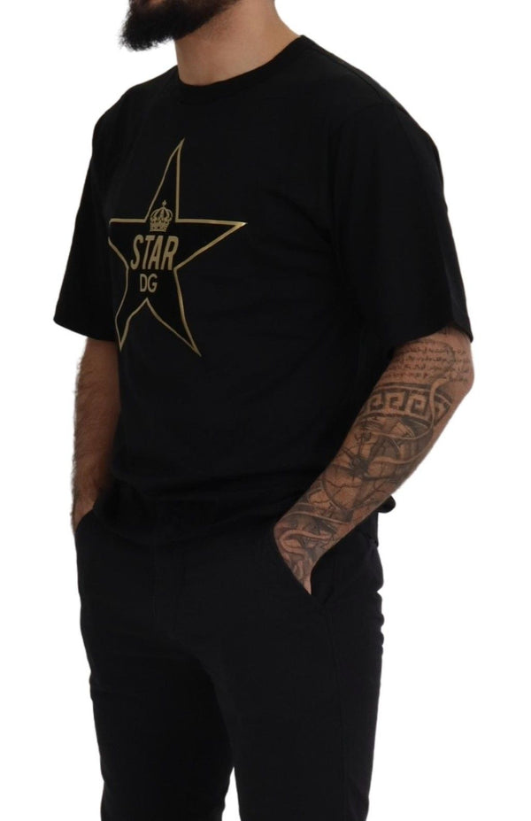 تي شيرت Dolce &amp; Gabbana أسود ذهبي STAR Crown DG قطني بياقة دائرية