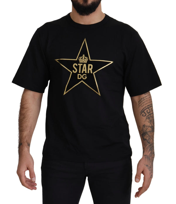 تي شيرت Dolce &amp; Gabbana أسود ذهبي STAR Crown DG قطني بياقة دائرية