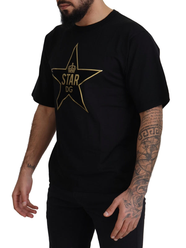 تي شيرت Dolce &amp; Gabbana أسود ذهبي STAR Crown DG قطني بياقة دائرية