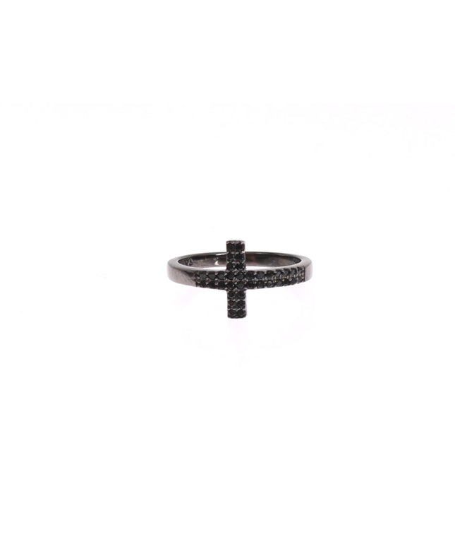 Nialaya Black CZ Cross Rhodium 925 Ring