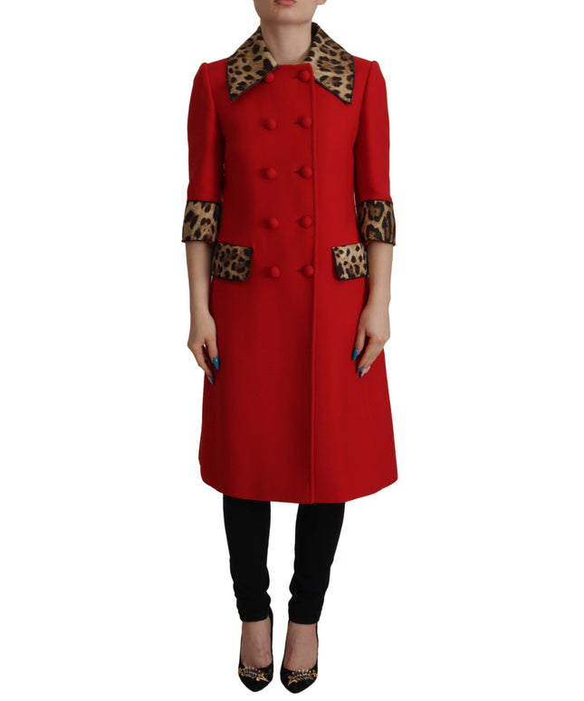 Dolce & Gabbana Red Leopard Wool Trenchcoat Jacket