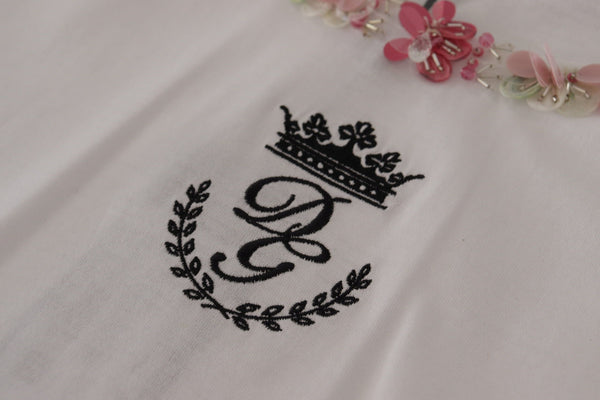 تي شيرت دولتشي آند غابانا أبيض DG Crown مزين بالترتر والزهور