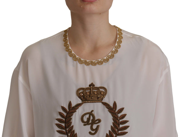 بلوزة دولتشي آند غابانا من الحرير الأبيض الذهبي DG Crown Crystal Top
