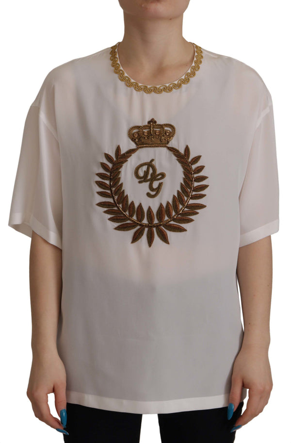 بلوزة دولتشي آند غابانا من الحرير الأبيض الذهبي DG Crown Crystal Top