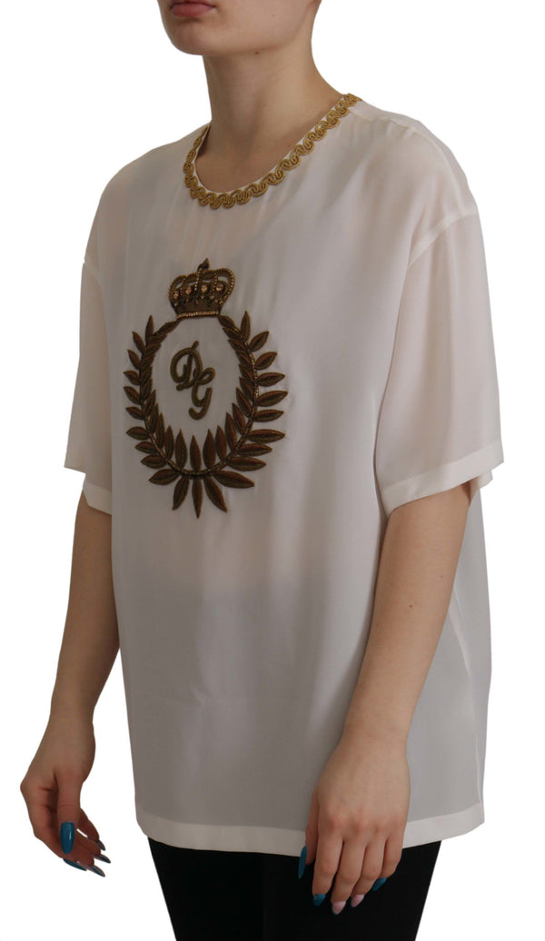 بلوزة دولتشي آند غابانا من الحرير الأبيض الذهبي DG Crown Crystal Top
