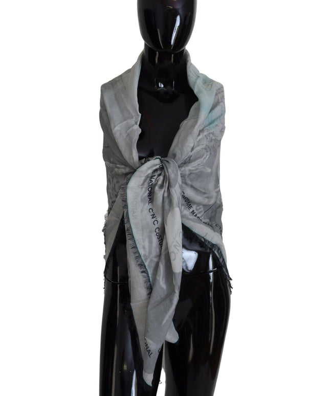Costume National Gray Print Shawl Foulard Fringes Scarf