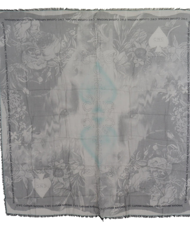 Costume National Gray Print Shawl Foulard Fringes Scarf