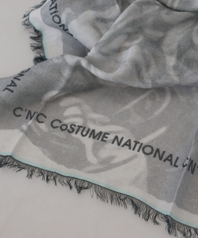 Costume National Gray Print Shawl Foulard Fringes Scarf