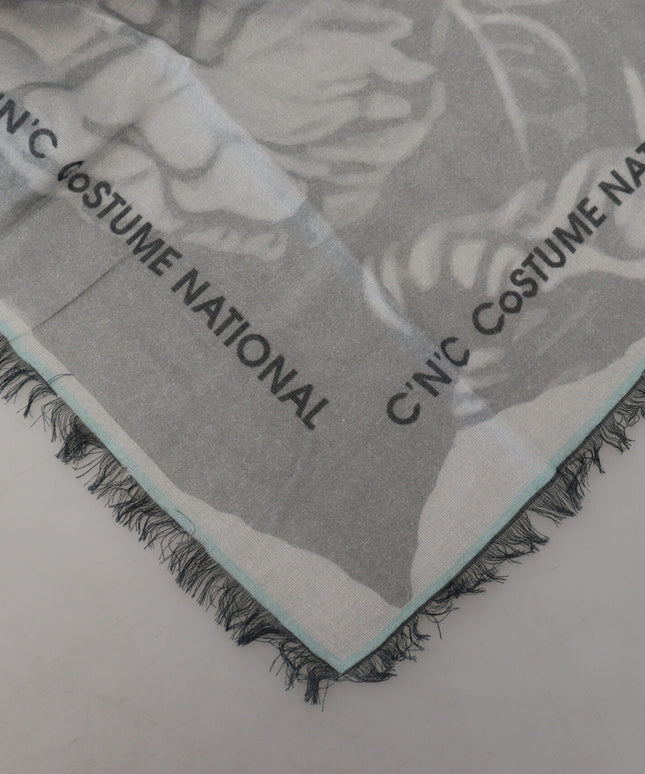 Costume National Gray Print Shawl Foulard Fringes Scarf
