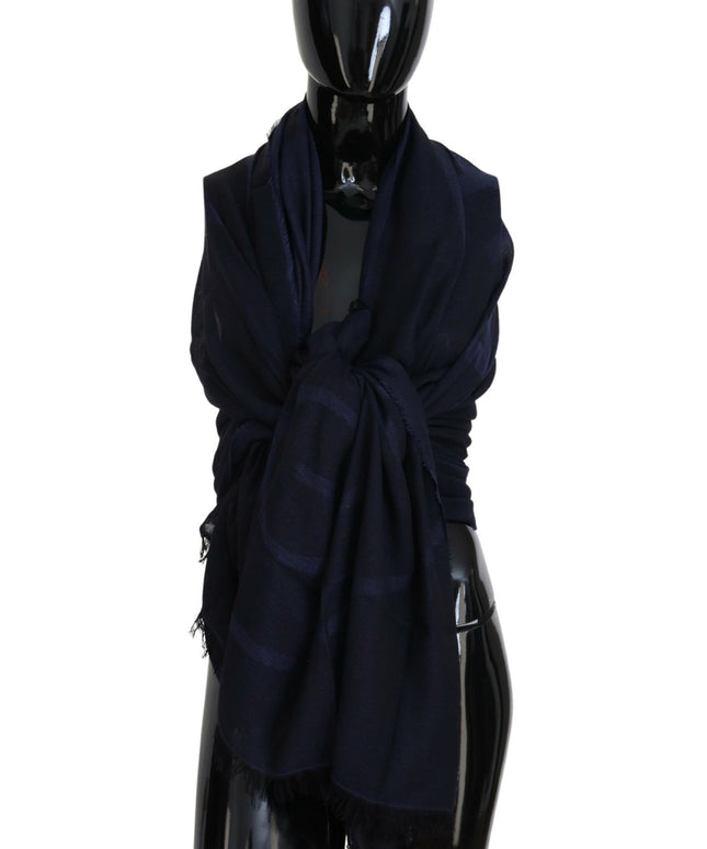 GF Ferre Dark Blue Wool Neck Wrap Shawl Fringes Scarf