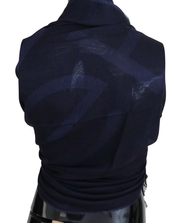 GF Ferre Dark Blue Wool Neck Wrap Shawl Fringes Scarf