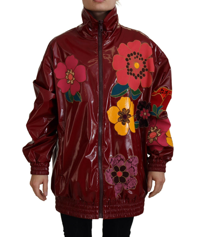 Dolce & Gabbana Maroon Floral Full Zip Polyester Women Jacket