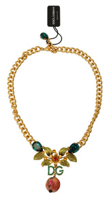 Dolce & Gabbana Gold Brass Crystal Logo Fruit Floral Statement Necklace