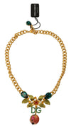Dolce & Gabbana Gold Brass Crystal Logo Fruit Floral Statement Necklace