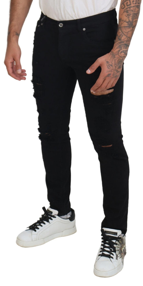 بنطلون جينز قطني ممزق من دولتشي آند غابانا باللون الأسود بقصّة "Slim Fit"