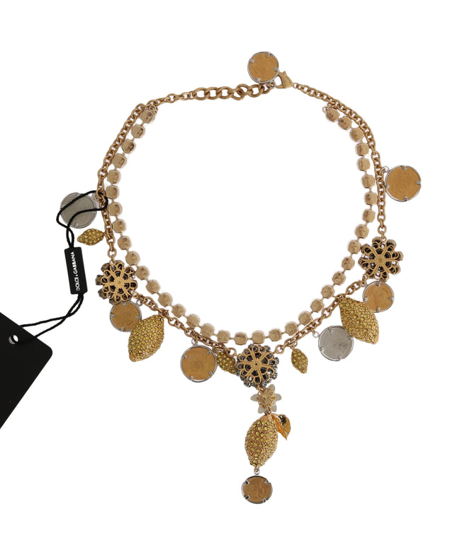 Dolce & Gabbana Gold Brass Crystal Logo Pineapple Statement Necklace
