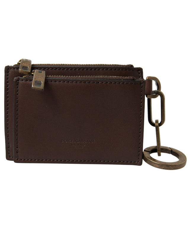 Dolce & Gabbana Brown Leather Zip Logo Keyring Coin Purse Wallet