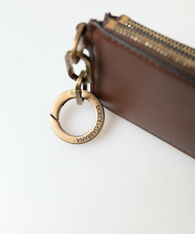 Dolce & Gabbana Brown Leather Zip Logo Keyring Coin Purse Wallet