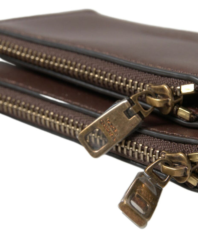 Dolce & Gabbana Brown Leather Zip Logo Keyring Coin Purse Wallet