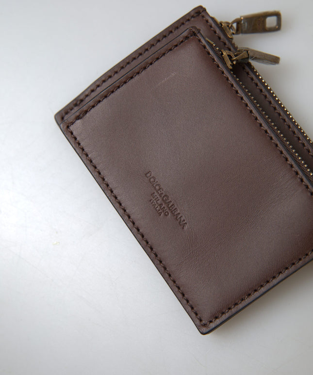 Dolce & Gabbana Brown Leather Zip Logo Keyring Coin Purse Wallet