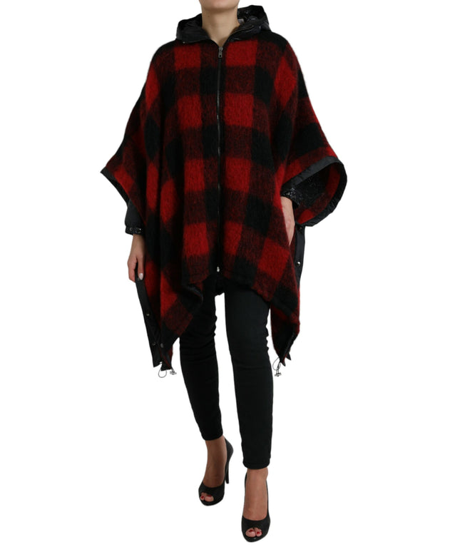 Dolce & Gabbana Black Red Buffalo Check Hooded Poncho Jacket