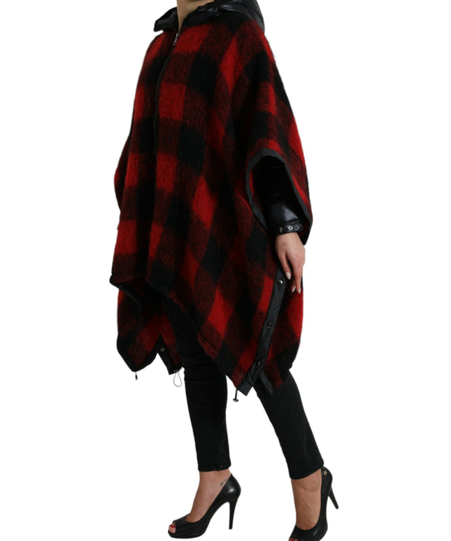 Dolce & Gabbana Black Red Buffalo Check Hooded Poncho Jacket