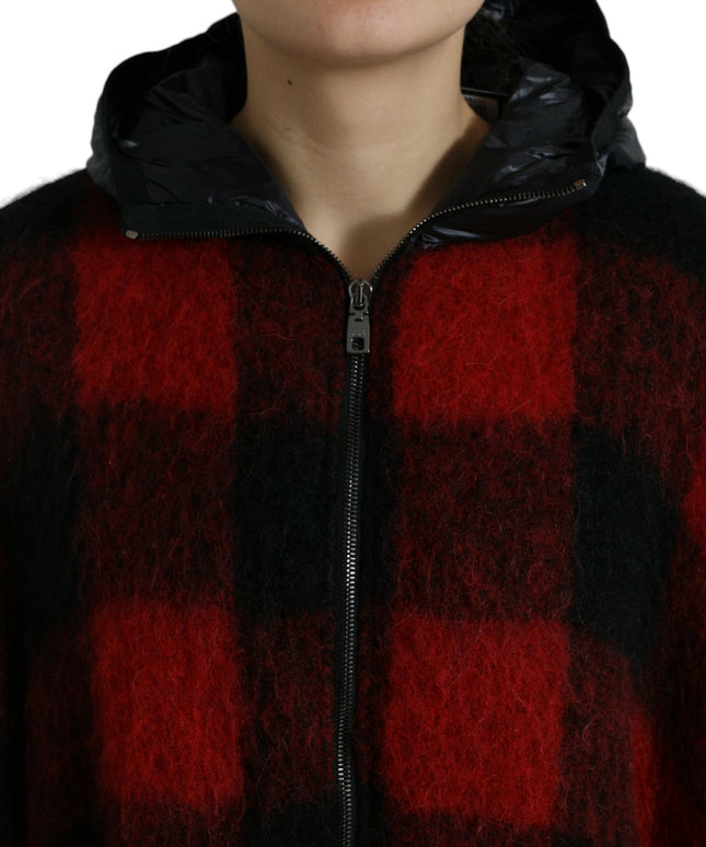 Dolce & Gabbana Black Red Buffalo Check Hooded Poncho Jacket