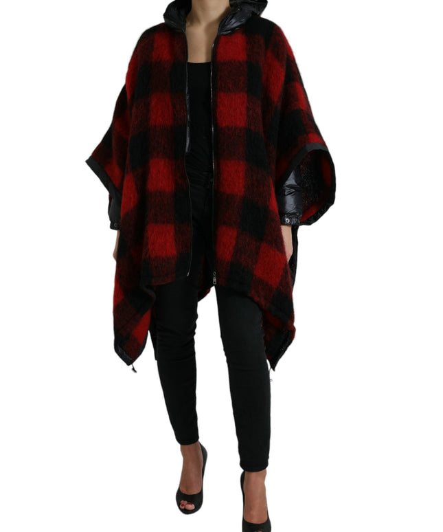 Dolce & Gabbana Black Red Buffalo Check Hooded Poncho Jacket