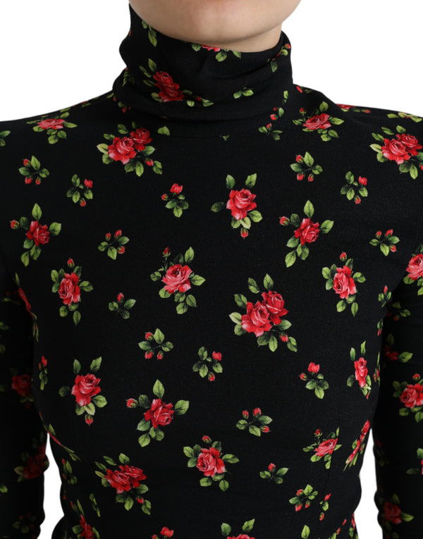 Dolce & Gabbana Black Rose Print Turtle Neck Blouse Top
