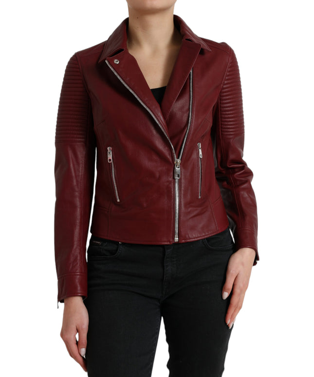 Dolce & Gabbana Bordeaux Leather Biker Coat Lambskin Jacket