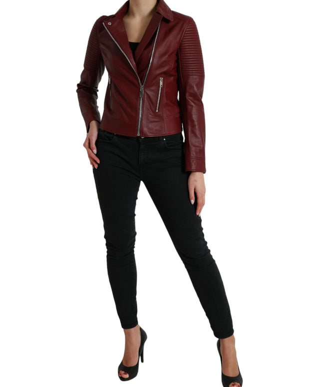 Dolce & Gabbana Bordeaux Leather Biker Coat Lambskin Jacket